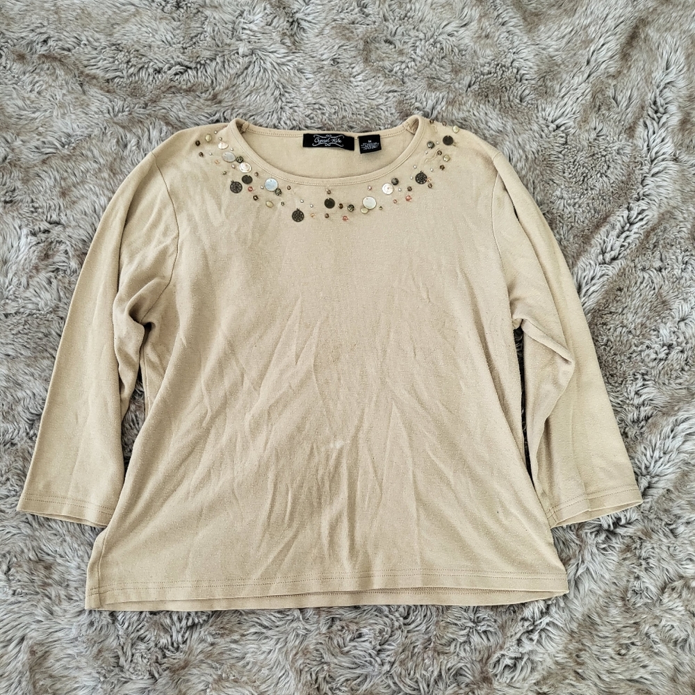 Crystal-Kobe 3/4 Sleeve Sequin Detail Neckline Cotton Blend Tan Size Medium